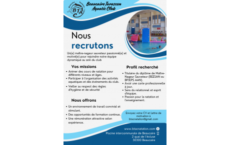 Le club recherche des maitres nageurs pour la saison prochaine